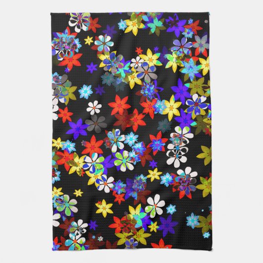 Geel, rood, blauw, crème, Violet Flowers op zwart Theedoek (Verticaal)