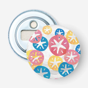 Geel rood blauw patroon met zwarte dollar button flesopener