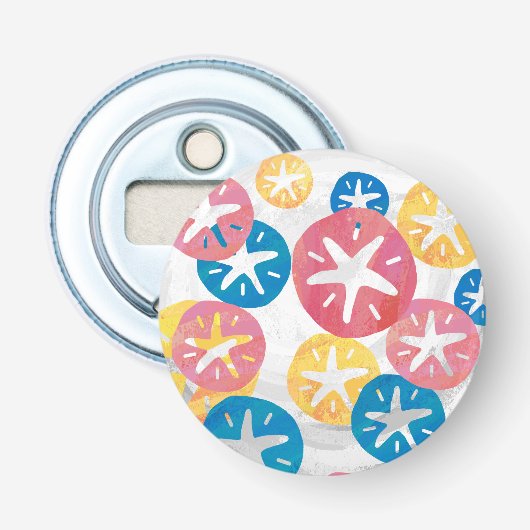 Geel rood blauw patroon met zwarte dollar button flesopener (Voorkant)