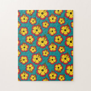 Geel Rood Hibiscus Tropische Bloemen Patroon Legpuzzel