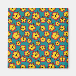 Geel Rood Hibiscus Tropische Bloemen Patroon Magneet
