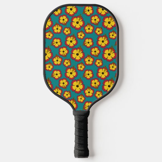 Geel Rood Hibiscus Tropische Bloemen Patroon Pickleball Paddle (Voorkant)