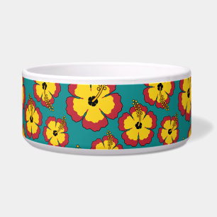 Geel Rood Hibiscus Tropische Bloemen Patroon Voerbakje