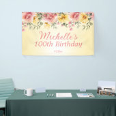 Geel Roze Bloemen 100ste Verjaardagsfeest Spandoek (Beurs)