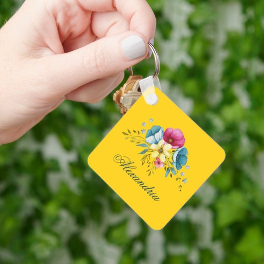 Geel Roze Bloemen Pastel Waterverf Flower Custom Sleutelhanger (Hand)