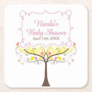 Geel Roze Bloemige Vogel Baby Shower Vierkante Kartonnen Onderzetter