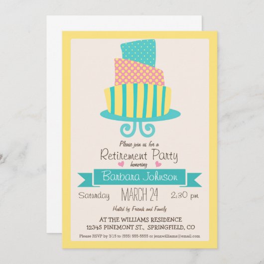 Geel, roze en turquoise taart pensioen partij kaart (Voorkant / Achterkant)