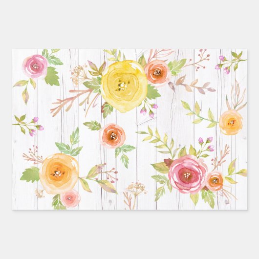 Geel roze grijs bloemen waterverf rustiek elegant inpakpapier vel (Voorkant 2)