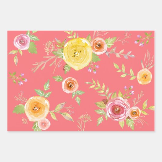 Geel roze grijs bloemen waterverf rustiek elegant inpakpapier vel (Voorkant)