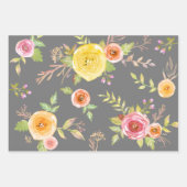Geel roze grijs bloemen waterverf rustiek elegant inpakpapier vel (Voorkant 3)