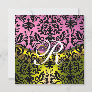 GEEL ROZE LAVENDEL ZWART DAMAST MONOGRAM KAART