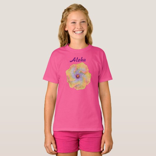 Geel Roze Lila Hibiscus Hawaiian Aloha T-shirt (Voorkant volledig)