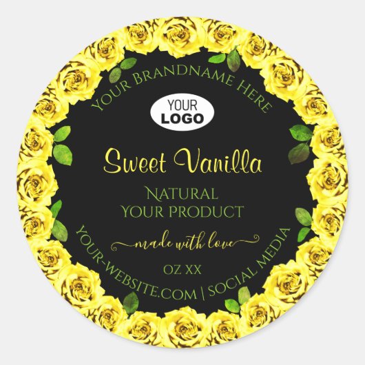 Geel rozenLijst op het zwarte etiket met Logo (Voorkant)