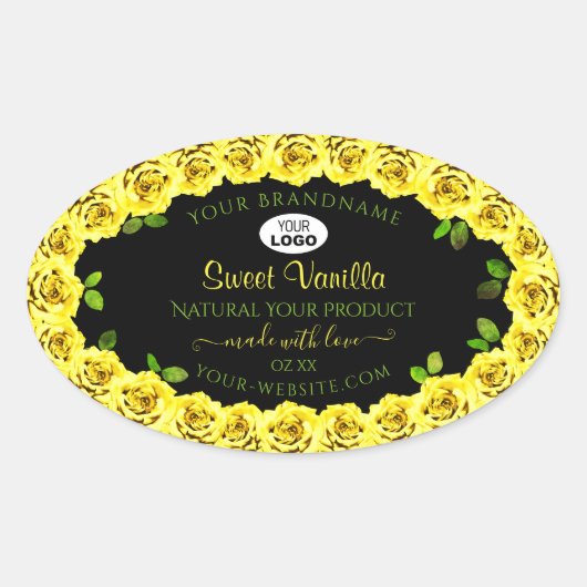 Geel rozenLijst op het zwarte etiket met Logo (Voorkant)