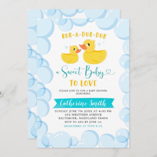 Geel Rubber Duck Bubble Bath Baby shower Invite Kaart (Voorkant / Achterkant)