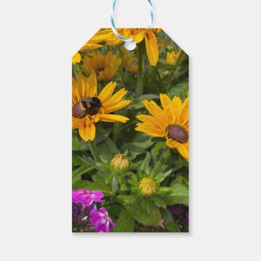 Geel Rudbeckia Flowers Roze Phlox en Bee Cadeaulabel (Achterkant)
