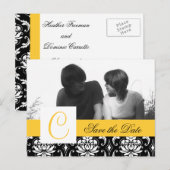 Geel Save the Date Briefkaart Zwart Damask Foto (Voorkant / Achterkant)