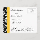 Geel Save the Date Briefkaart Zwart Damask Foto (Achterkant)