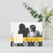 Geel Save the Date Briefkaart Zwart Damask Foto (Staand voorkant)