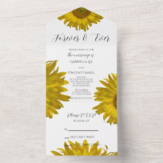 Geel Scattered Sunflower Weddenschap All In One Uitnodiging (Binnen)