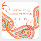 Geel Sinaasappel Aqua Mint Persimmon Paisley Weddi Vierkante Sticker (Voorkant)