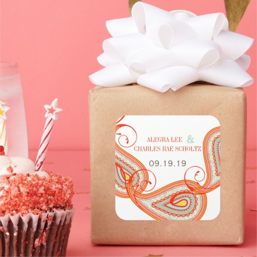 Geel Sinaasappel Aqua Mint Persimmon Paisley Weddi Vierkante Sticker (Feest)