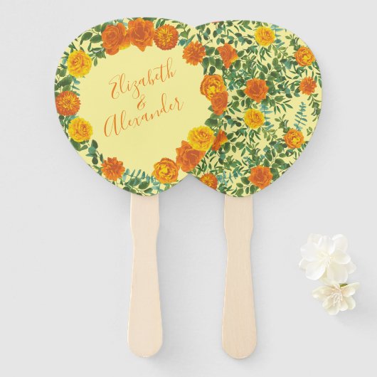 Geel Sinaasappel bruiloft Handwaaier (Voorkant en achterkant)