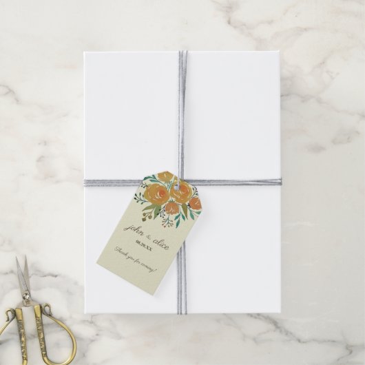 Geel Sinaasappel en Cream Floral Weddenschap Harte Cadeaulabel (Met Touw)