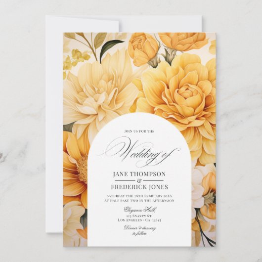 Geel, Sinaasappel en Ivoor Bloemen bruiloft uitnod Kaart (Voorkant)