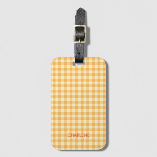 Geel Sinaasappel Ish Preppy Gingham Plaid Bagagelabel (Voorkant (verticaal))