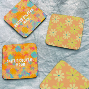 Geel Sinaasappel Retro 70s Daisies Patroon Stenen Onderzetter