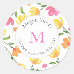 Geel Sinaasappel Roze Waterverf Flower Stems label