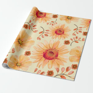 Geel Sinaasappel Terracotta Waterverf Bloemen Cadeaupapier