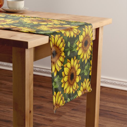 Geel Sinaasappel Zonnebloem met groen & bruin Korte Tafelloper (Voorbeeld)