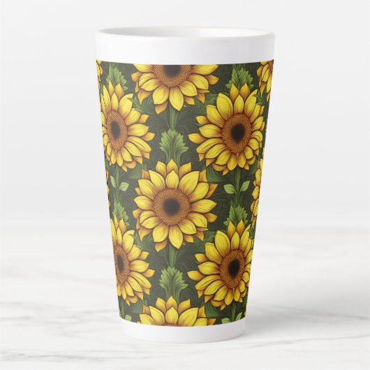 Geel Sinaasappel Zonnebloem met groen & bruin Latte Mok (Voorkant)