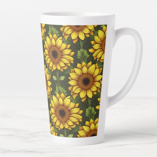 Geel Sinaasappel Zonnebloem met groen & bruin Latte Mok (Rechts)