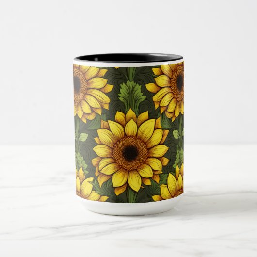 Geel Sinaasappel Zonnebloem met groen & bruin Mok (Midden)