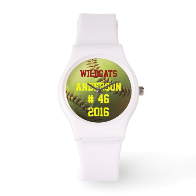 Geel Softball Team Naam en Jaar Horloge (Voorkant)