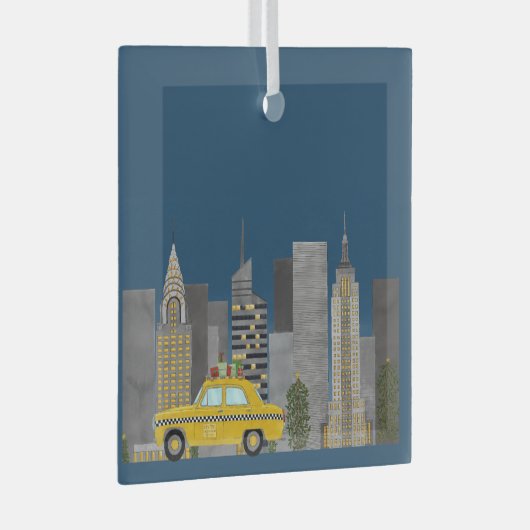 Geel Taxi in de Stad Aanpasbaar Glas Ornament (Voorkant Rechts)