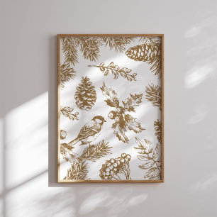 Geel toile kerst vogel en dennenposter poster