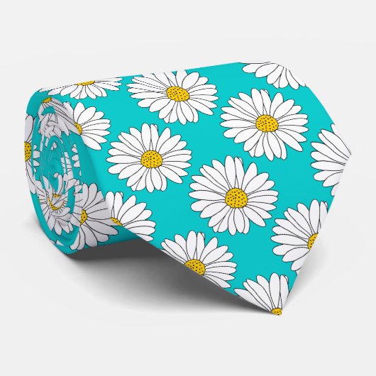 Geel Turquoise White Daisy Pattern Stropdas (Opgerold)