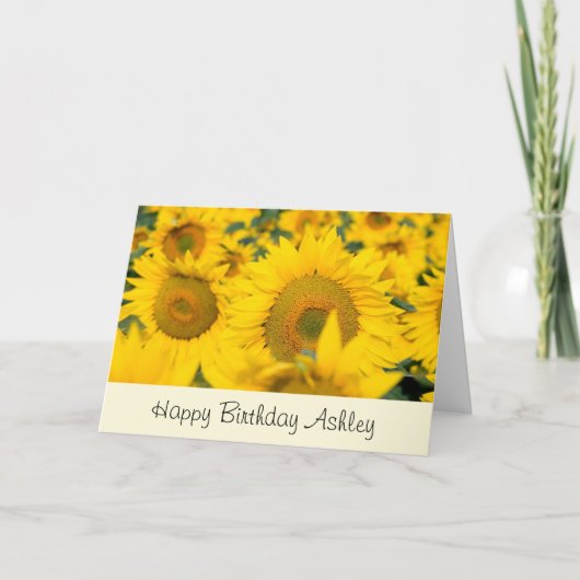 Geel veld van zonbloemen, geboortedag kaart (Voorkant)