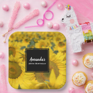 Geel veld Zonnebloemen Fotografie van de verjaarda Papieren Bordje