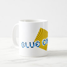 Geel vierkant met balken en tegenover pixel tekst 