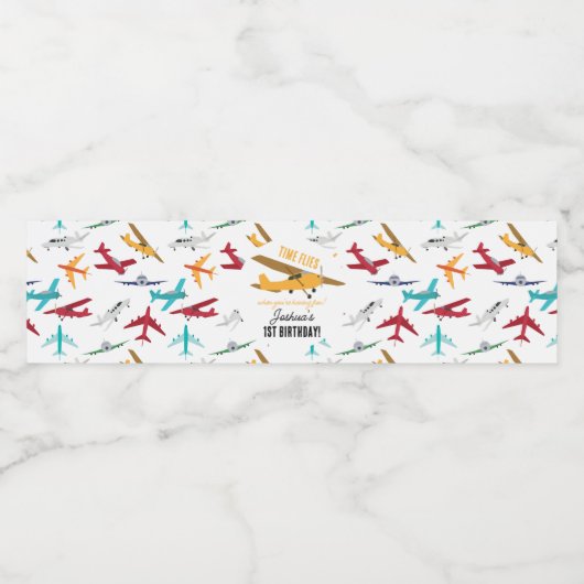 Geel Vliegtuig Kinder 1e Verjaardag Party Time Fli Waterfles Etiket (Enkel label)