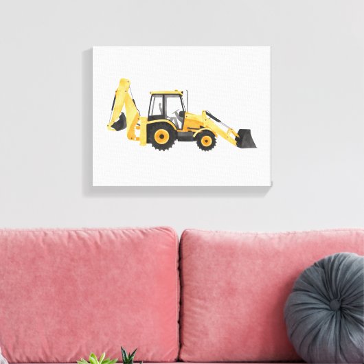 Geel voertuig voor het aanleggen van backhoe canvas afdruk (Insitu (Woonkamer))