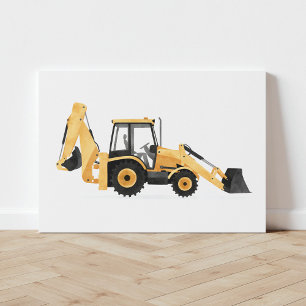 Geel voertuig voor het aanleggen van backhoe canvas afdruk