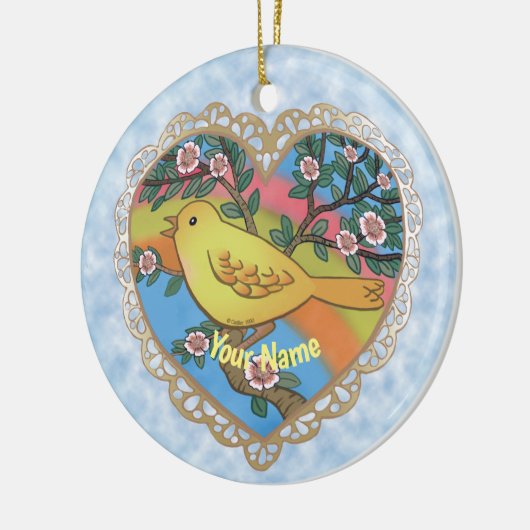 Geel vogelhart, aangepaste naam keramisch ornament (Links)