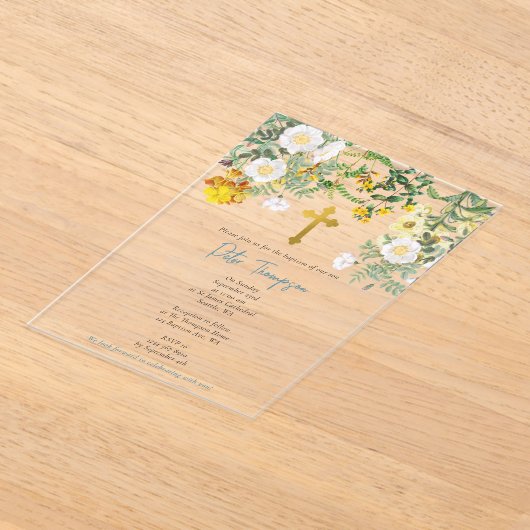 Geel Waterverf Roos Bloem Vloertuinjongen Baptisme Acryl Uitnodigingen (Laagn)