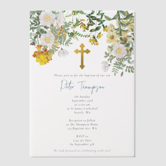 Geel Waterverf Roos Bloem Vloertuinjongen Baptisme Vellum Uitnodigingen (Voorkant)